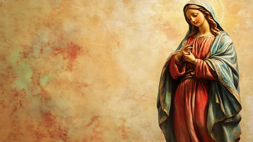 Gentle robed woman in quiet prayer against warm backdrop.