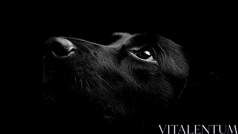 Gentle black dog gazing upward in soft dramatic light.