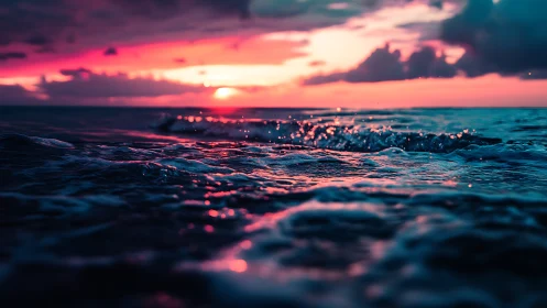 Photorealistic low-angle seascape at neon sunset horizon.