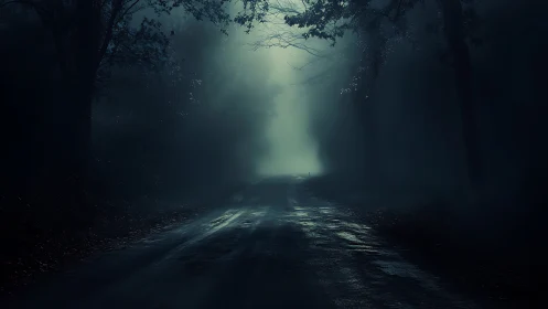 Nocturnal wet forest road receding into dense blue fog.