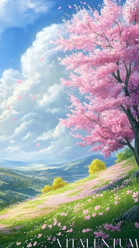 Landscape scene shows pink blossom tree on inclined meadow