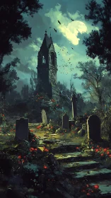 Moonlit graveyard path leads toward crumbling bell tower