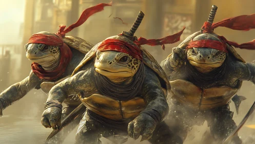 Ninja sea turtles charge boldly through a sunlit city street.