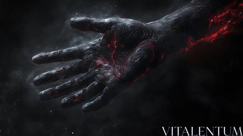 Volcanic ash hand with glowing red fissures in void.