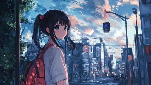 Girl with red backpack crosses neon city at sunset.