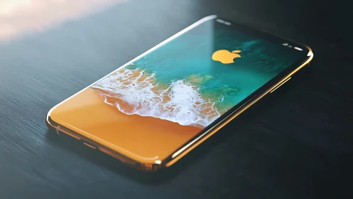 Apple iPhone with coastal beach landscape displayed on screen.