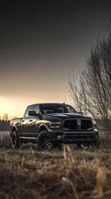 Lifted black pickup truck at golden hour in dry winter field