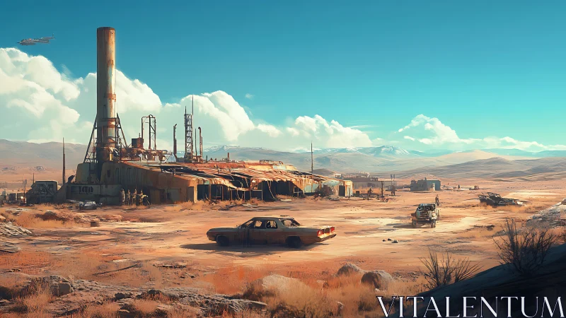 Desert industrial outpost with rusting cars and wide sky.