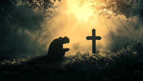 Man kneeling in prayer at cross in glowing forest graveyard.