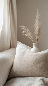 Soft neutral cushions and vase create a calm, airy corner