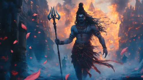 Powerful blue-skinned warrior with trident in burning city