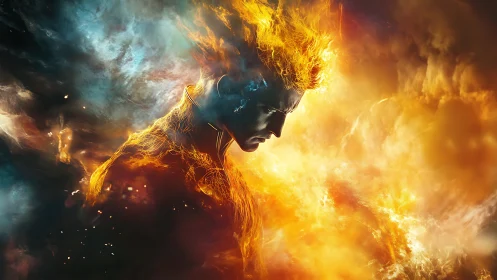Fiery figure emerging from swirling cosmic energy clouds.