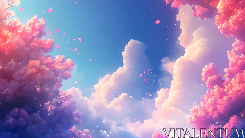 Sunlit pink blossoms frame luminous drifting clouds