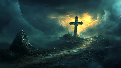Stormlit cross on a lonely hill where darkness softens to dawn.