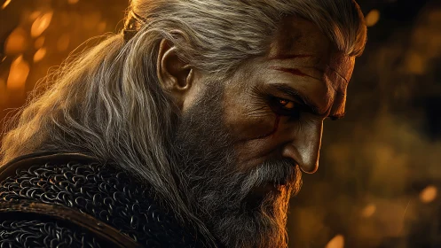 Battle-scarred warrior portrait with volumetric firelit rim lighting