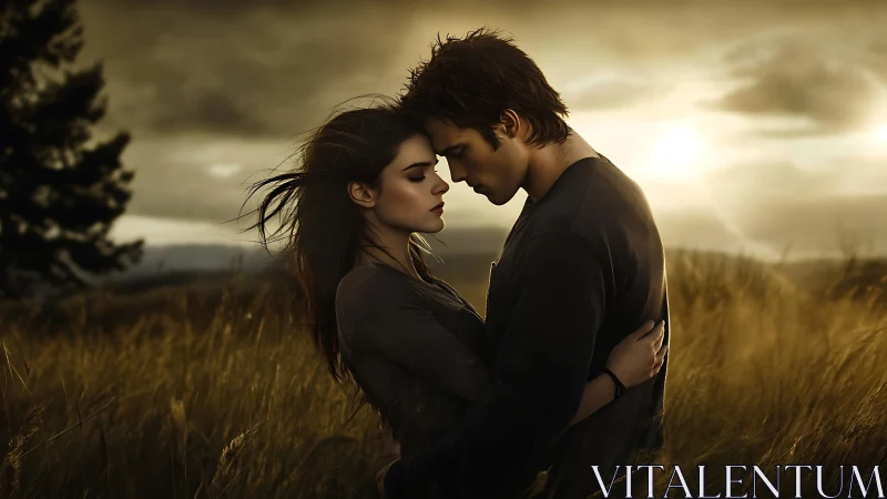 Couple embraces in golden field beneath dramatic sky.