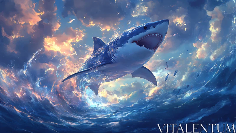 Great white shark bursts through glowing storm sea.