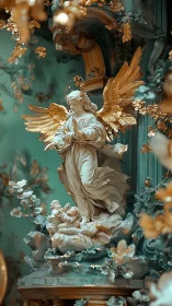 Gilded Baroque angel sculpture with cherubs in teal sanctuary.