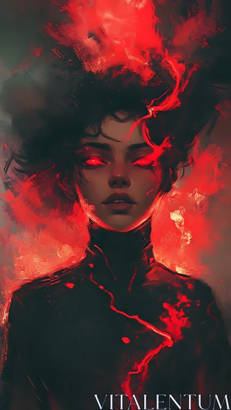 Infernal portrait with crimson energy and glowing eyes.