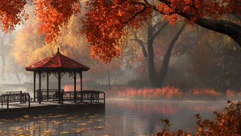 Autumn gazebo rests over misty lake in glowing morning light