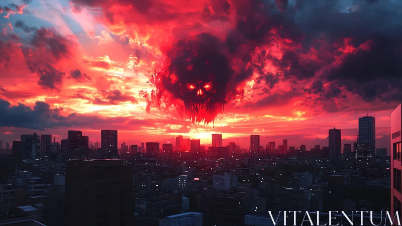 Demonic storm skull looms over a neon dusk city skyline