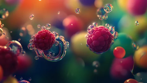 Sparkling raspberries drifting through rainbow bubbles.