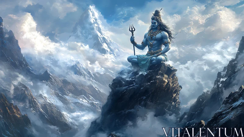 Divine blue figure meditating above hyperreal Himalayan peaks