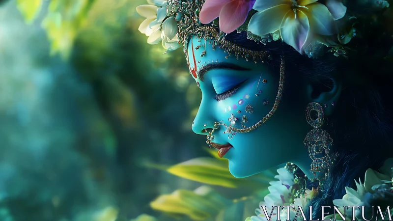 Blue-skinned floral deity rendered with intricate jeweled detailing