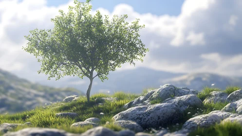 Lone green tree on rocky hillside under soft clouds.