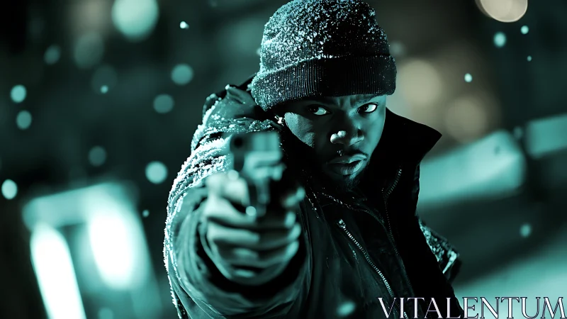 Man aiming handgun in snowy night urban setting.