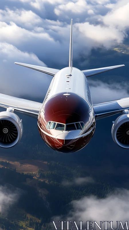 Sleek passenger jet cuts through sunlit clouds in flight