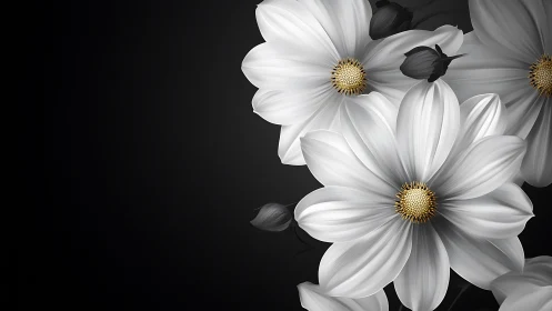 White daisies with golden centers on dark background.