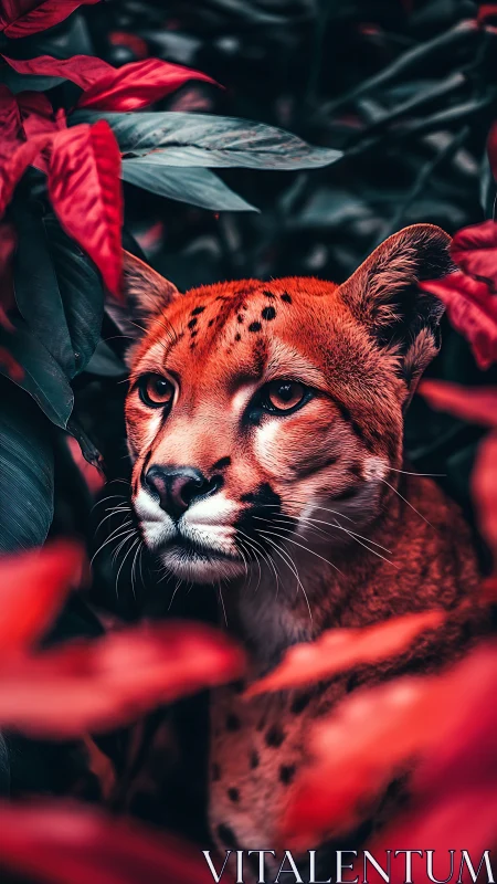 Cheetah portrait within dense red foliage in profile view.