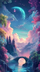 Luminous celestial valley with arched bridge in fantasy palette.