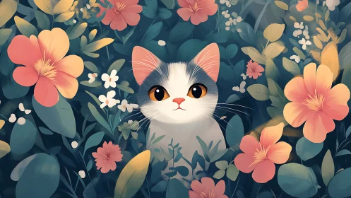 Whisker-Adorned Feline Blooms Within Enchanted Floral Gardens
