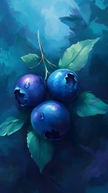 Saturated digital study renders glossy blueberries with leaves