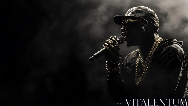 Rap vocalist in smoky spotlight, dramatic side profile.