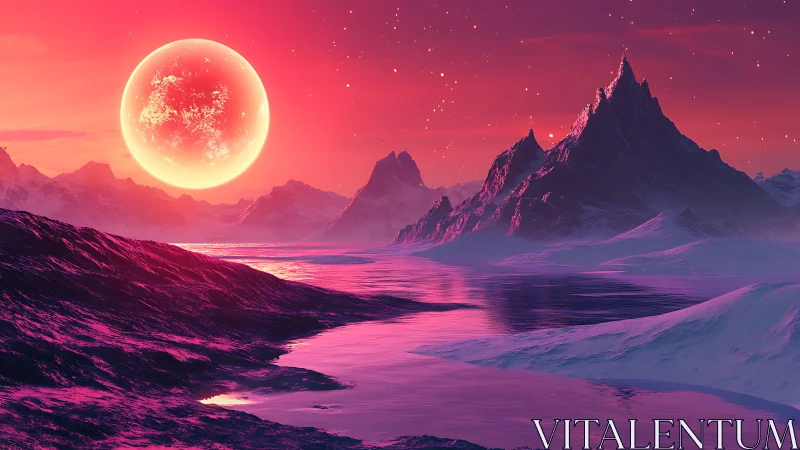 Glowing red planet illuminates stylized icy alien mountainscape