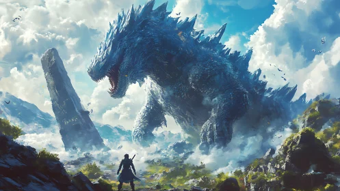 Giant ice scaled kaiju roars above lone warrior in clouds
