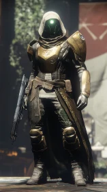 Armored cloaked sci fi guardian rendered with high specular detail