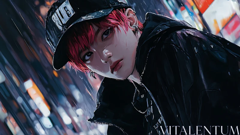 Neon-soaked portrait of red-haired youth in rainy alleyway