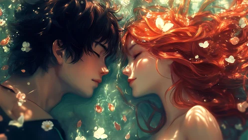 Two Figures Share Intimate Moment Among Golden Botanical Light