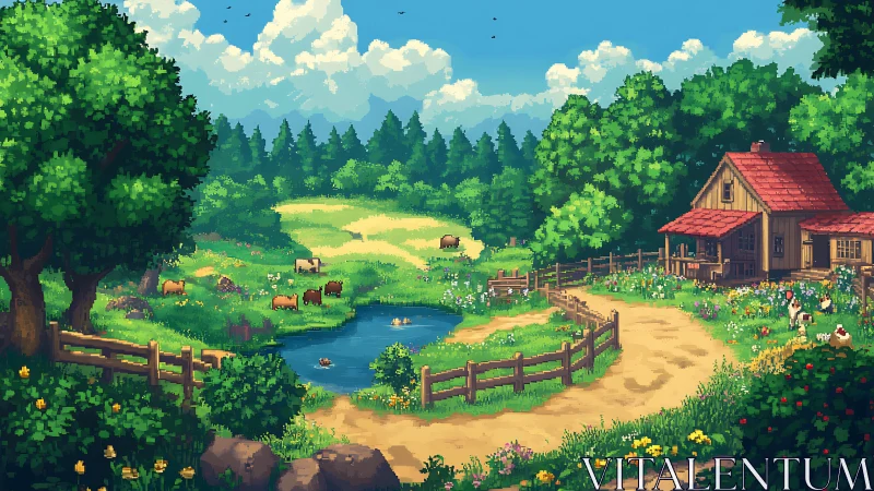 Pixel-rendered pastoral farmstead with pond, cattle, and dense foliage