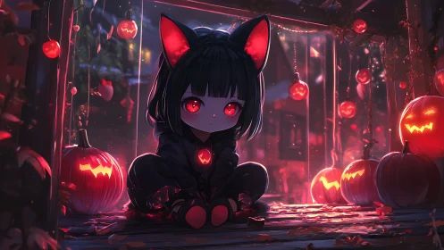 Midnight neko witch glows amid crimson jack-o’-lantern haze.