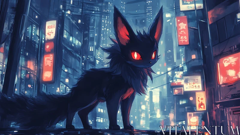 Black fox-like creature stands in neon-lit night city