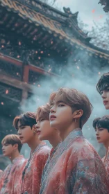 Youthful figures in pink hanfu beneath misty temple eaves.