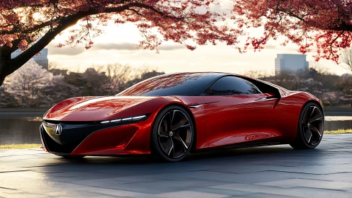 Red sports coupe parked by water under pink blossom trees.