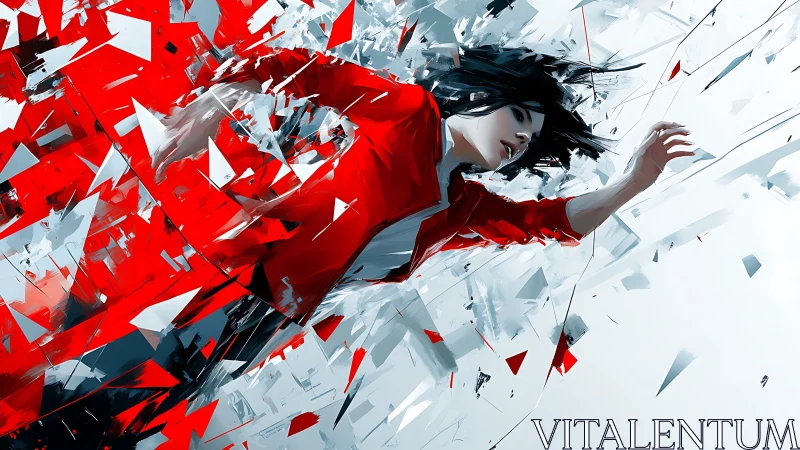Dynamic figure in red amid fragmented geometric shards.