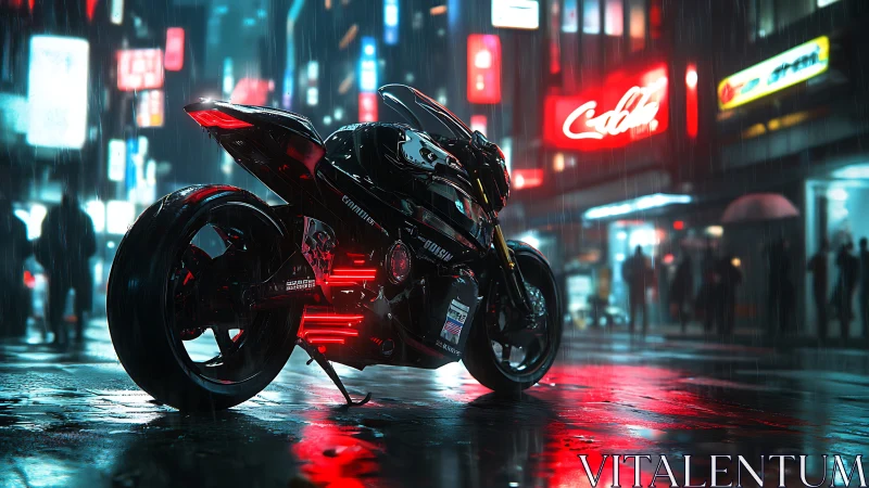 Neon lit cyber bike waits in a rainy city night street