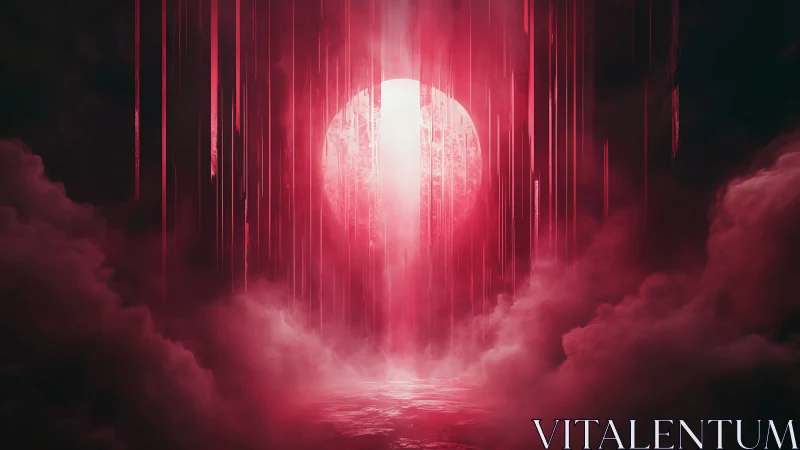 Radiant crimson portal dissolves into stratified fog veil
